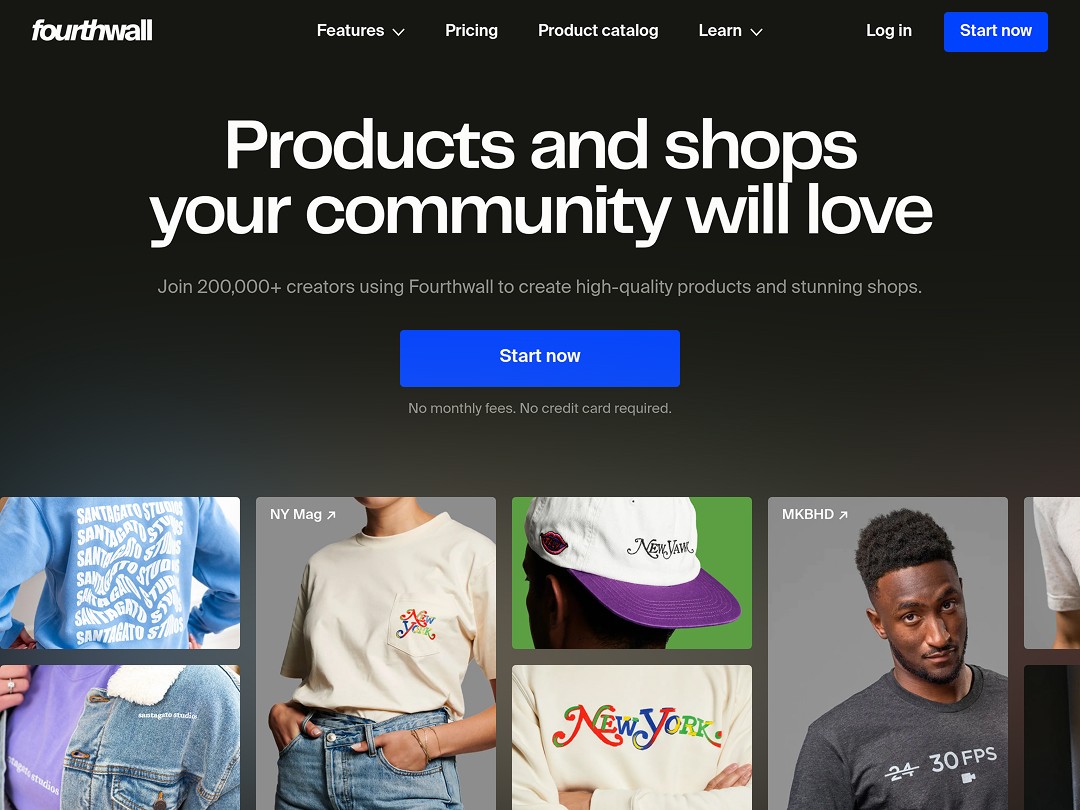 Homepage showcasing creator products and a bold "Start now" button.