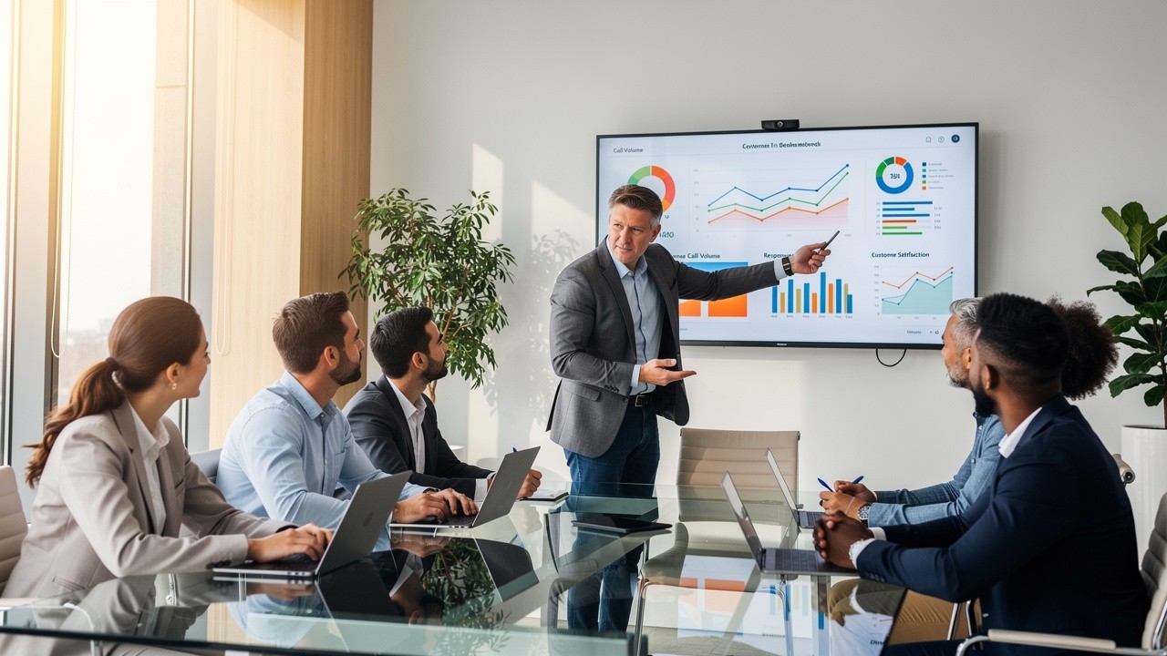 Team reviewing cold call analytics and performance metrics