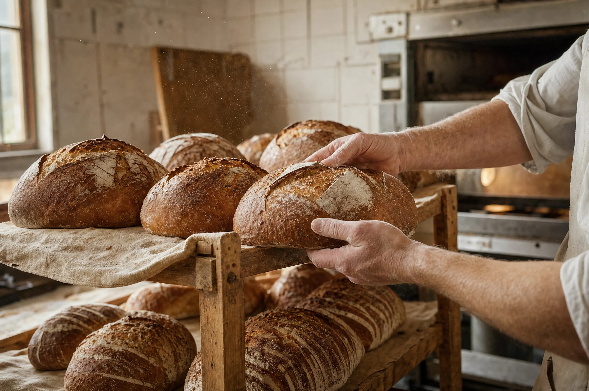 A baker lifting a sourdough loaf from a cooling rack