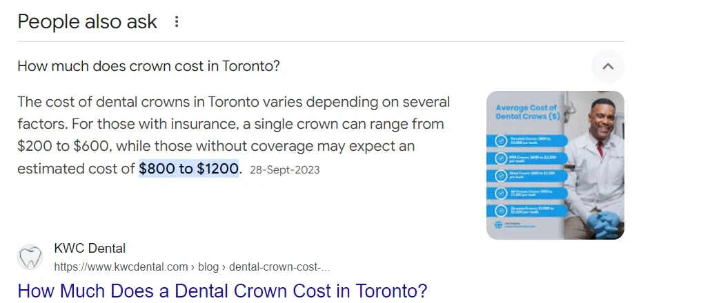 A featured snippet from Google of KWC Dental