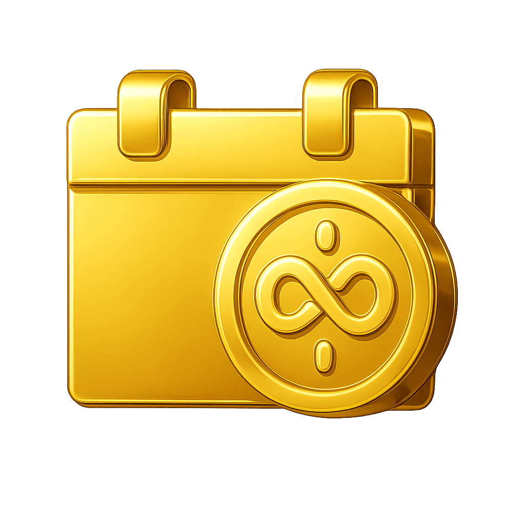 3D blue calendar icon with an infinity symbol in front