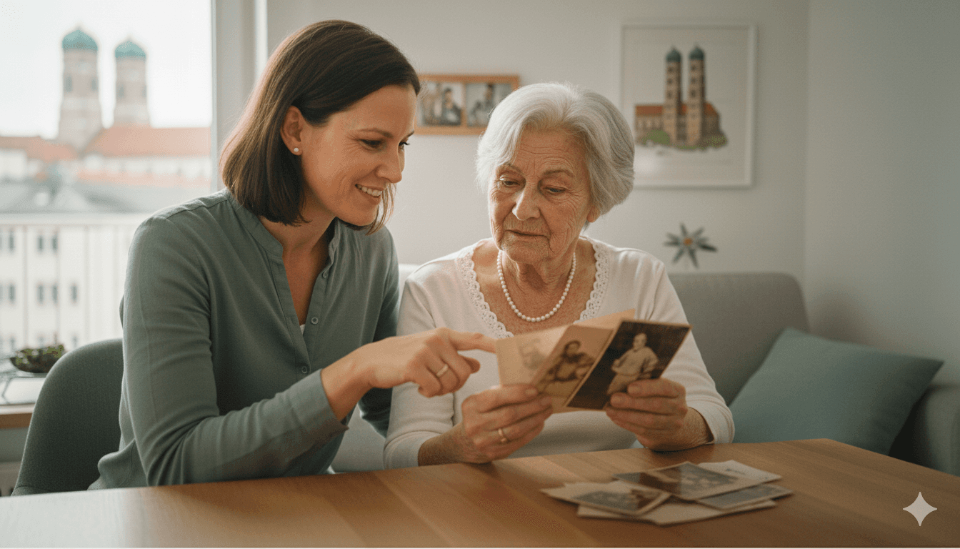 Eine Pflegedienst DD - Pflegekraft mit einer Seniorin, die unter Demenz leidet. Sie schauen sich gemeinsam Bilder an.