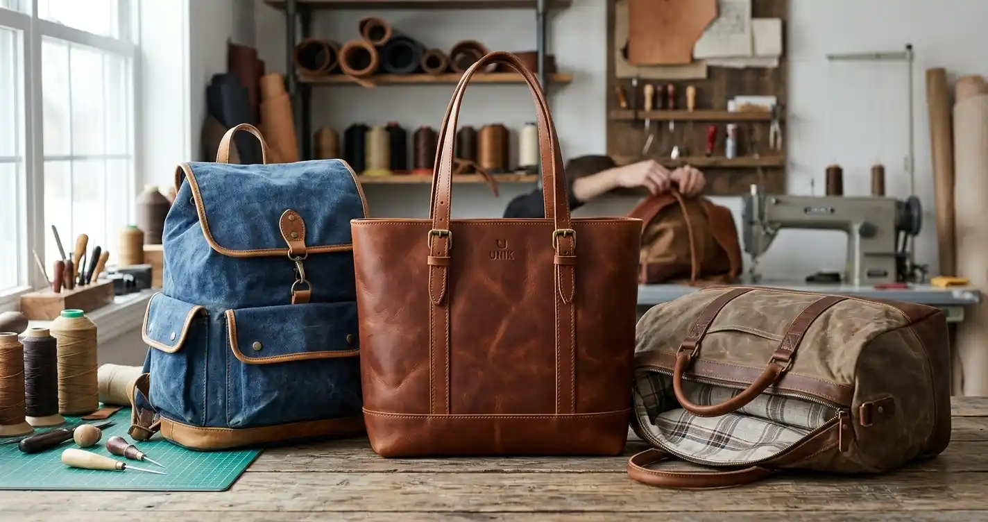 Tre ulike vesker – en blå ryggsekk i canvas, en brun skinnveske og en militærgrønn duffelbag – utstilt på en arbeidsbenk i et lærverksted.