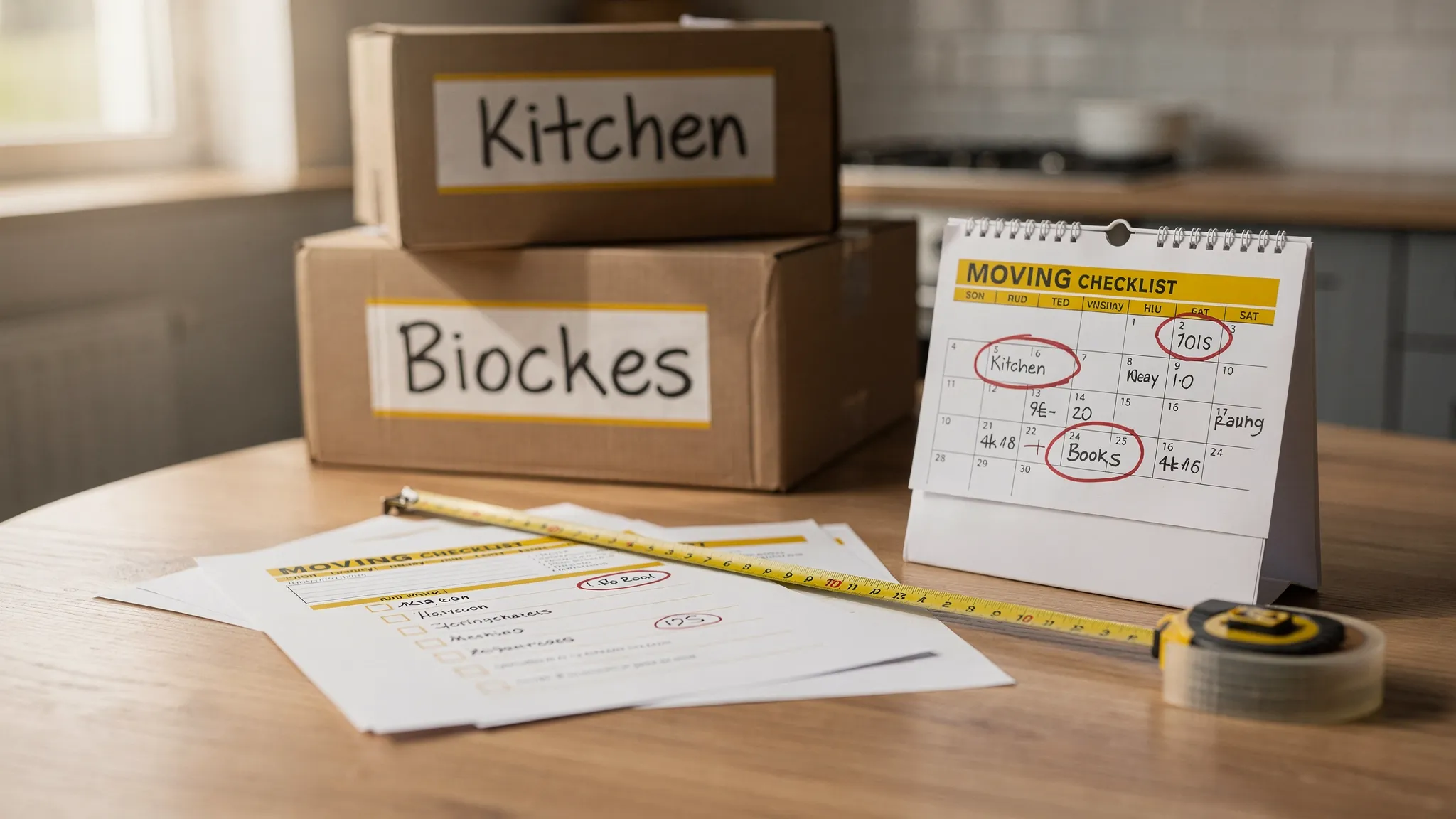 A kitchen table with a paper moving checklist next to a calendar marked with key moving dates, a tape measure, packing tape, and a few labeled moving boxes in the background.