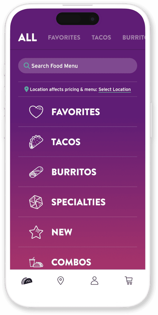 App screen showing the Taco Bell menu categories