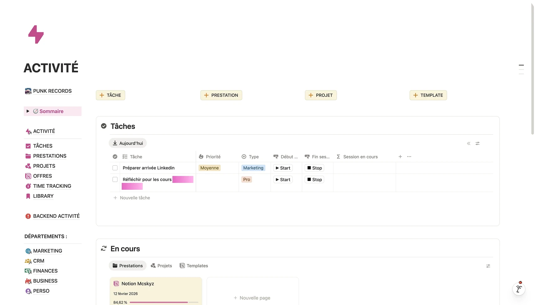 Dashboard Notion activité, Wann