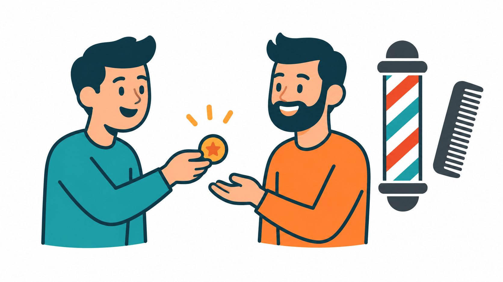 Un cliente entregando una moneda a su barbero tras recibir un servicio de corte de cabello.