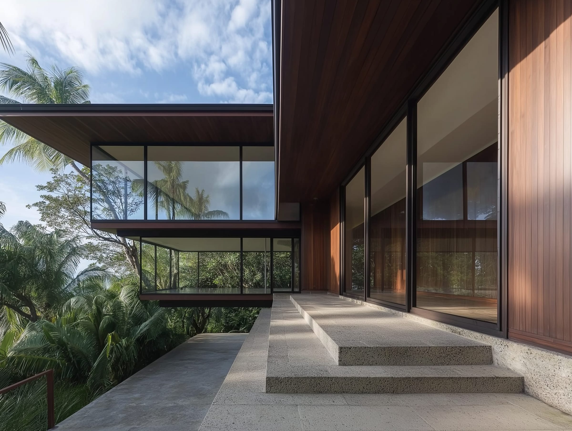 Modern home with floor-to-ceiling glass windows, wood paneling, and lush tropical surroundings. Sleek design with a concrete staircase.
