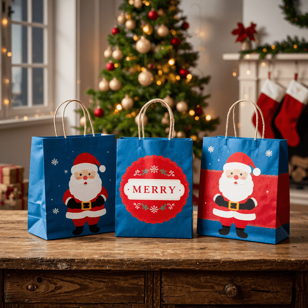 product photography of set of decorative gift bags with Christmas theme