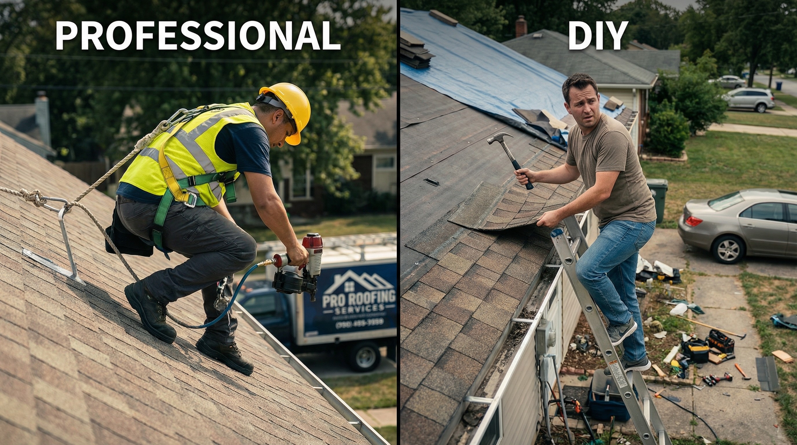A professional roofer using a safety harness and specialized tools for a high-altitude repair.