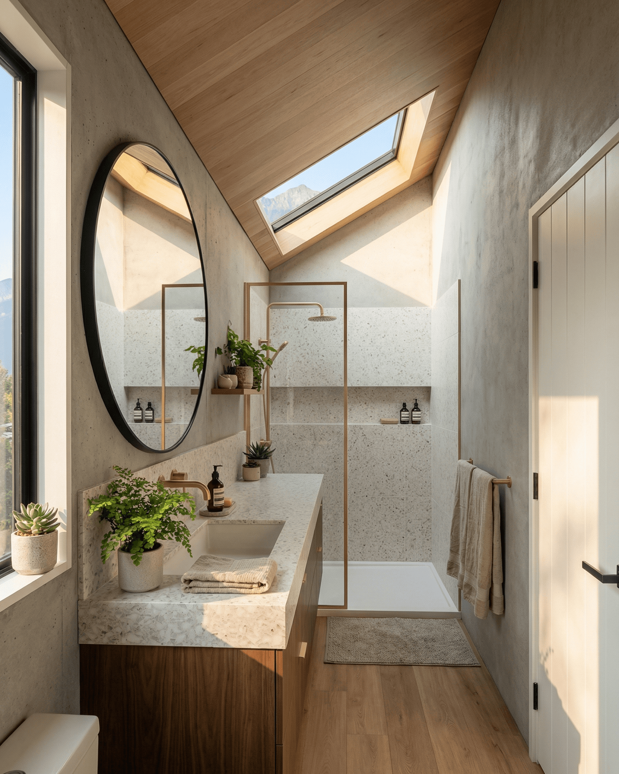 Narrow cabin bathroom with concrete-look walls, terrazzo surfaces, brass-framed shower, skylight, oval mirror, and warm natural light.