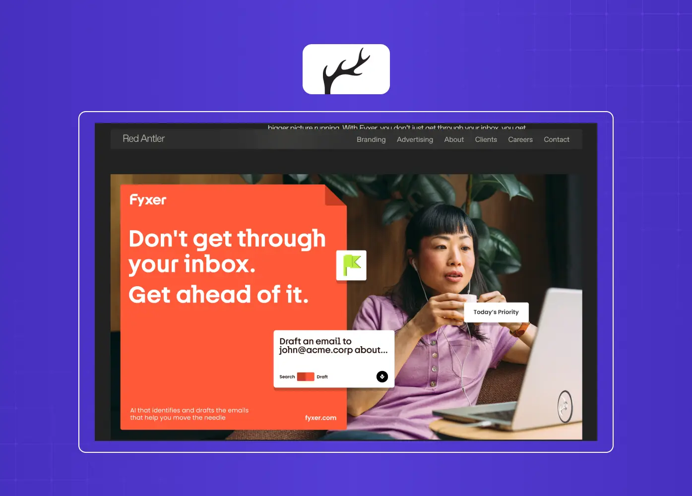Brand identity project for Fyxer featuring bold typography, vibrant visuals, and AI-powered productivity messaging.