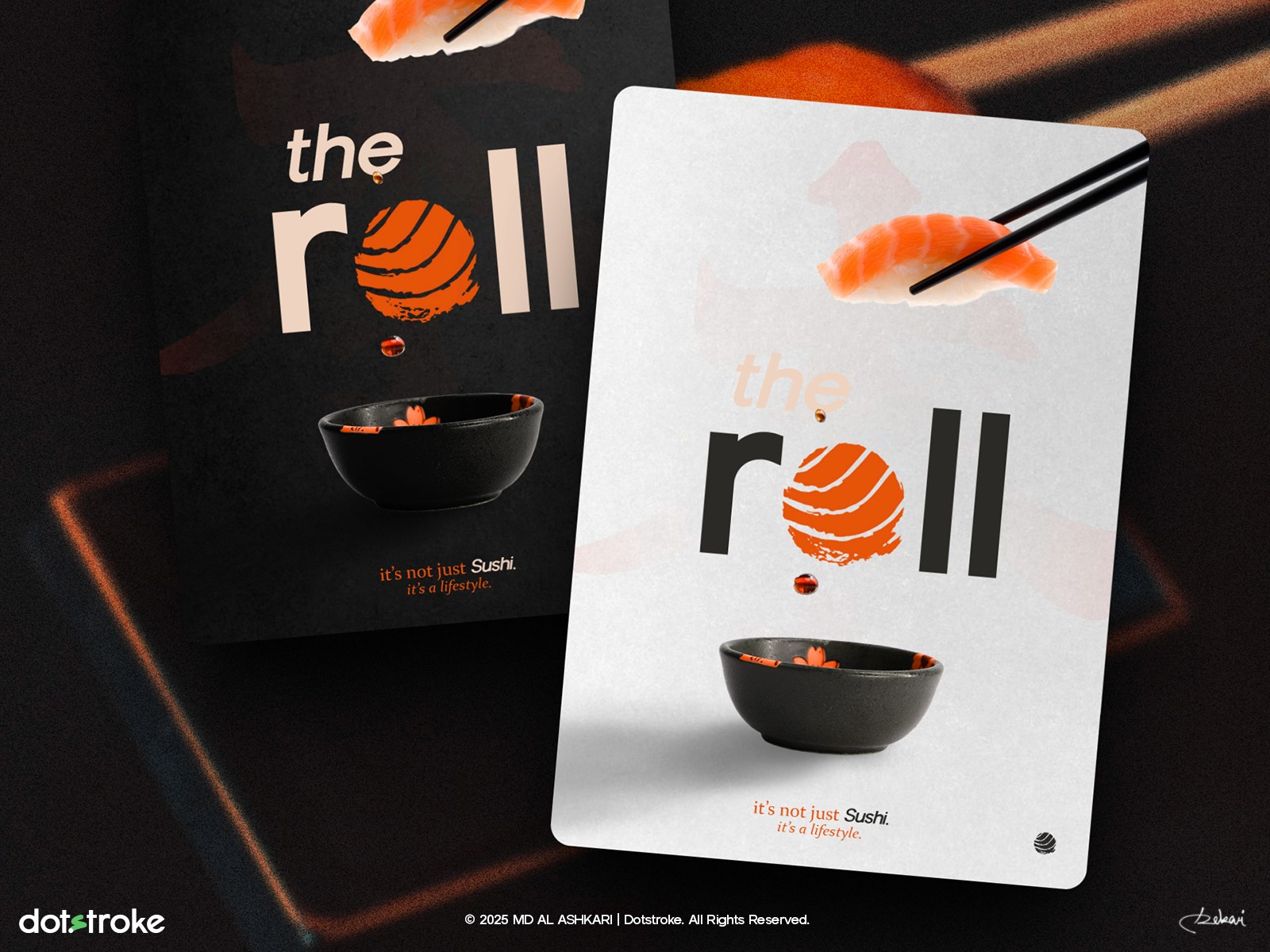 Creative sushi promo poster design showcasing fresh Japanese cuisine, with modern layout, bold text, and vibrant colors - ideal for restaurant marketing on social media. Designed by Ashkari for Dotstroke