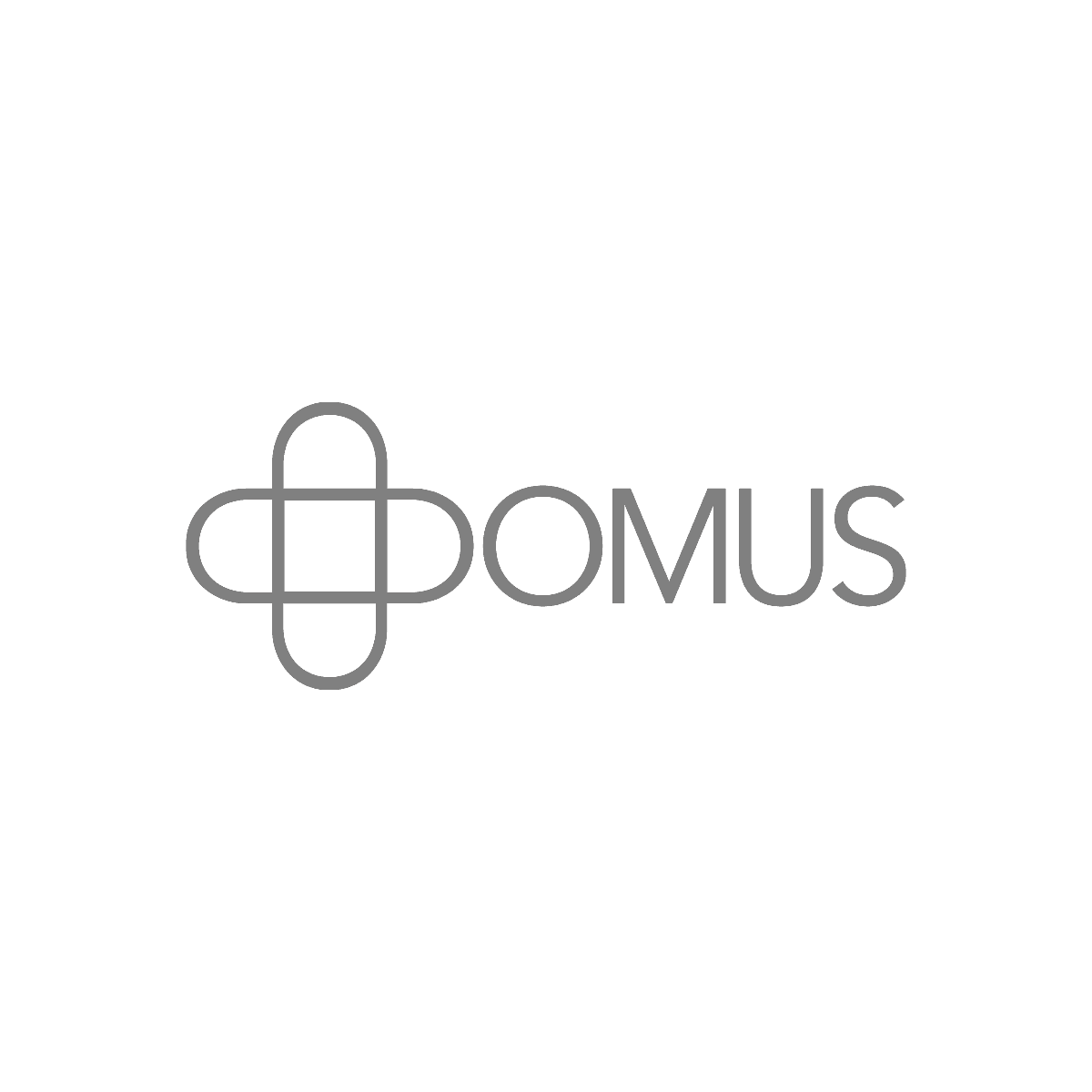 Domus logo on blue background, featuring sleek design and rounded shapes.
