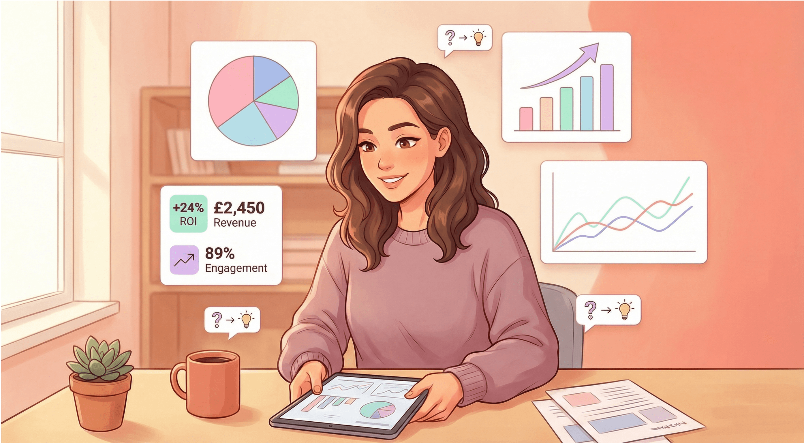 A confident small business owner works at her bright desk reviewing a marketing dashboard on her tablet. Floating UI elements display key metrics including a pie chart, growth bar chart, line graphs, and cards showing '+24% ROI', '£2,450 Revenue', and '89% Engagement'. Question mark icons transform into lightbulbs, symbolizing clarity. Morning sunlight streams through a window as she analyzes her marketing data. A coffee cup and succulent plant sit on the organized wooden desk.