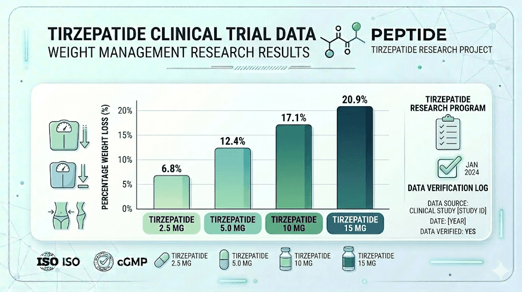 Tirzepatide weight loss research data by dose from SURMOUNT clinical trials