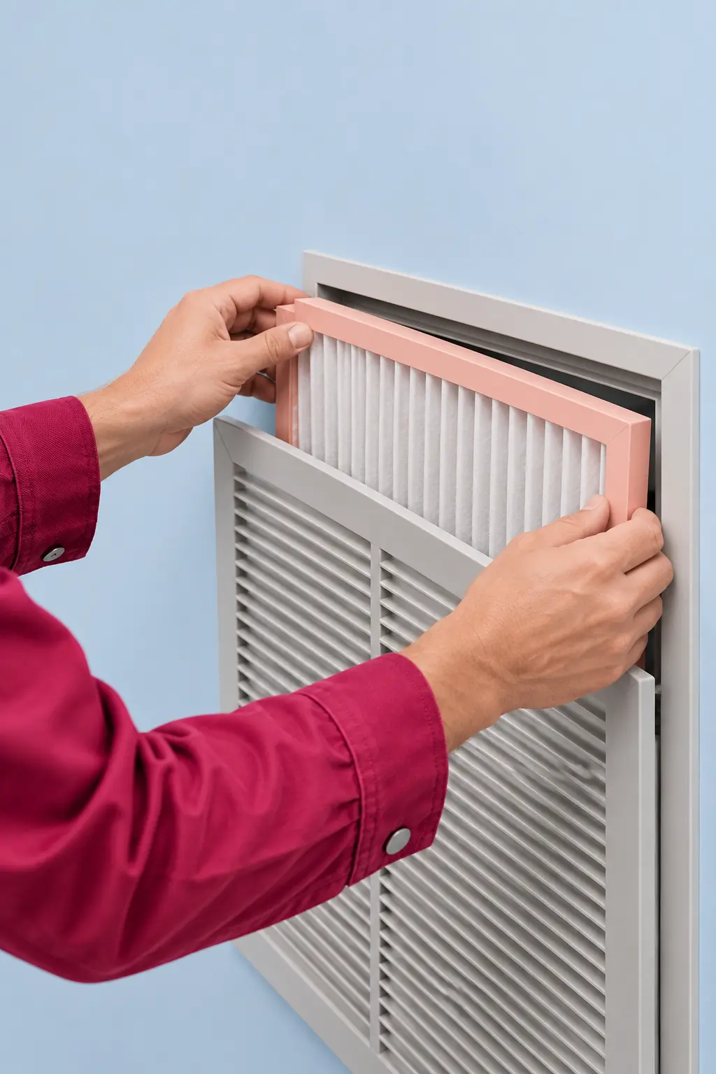 Technician sliding a clean pleated air filter into a return-air grille