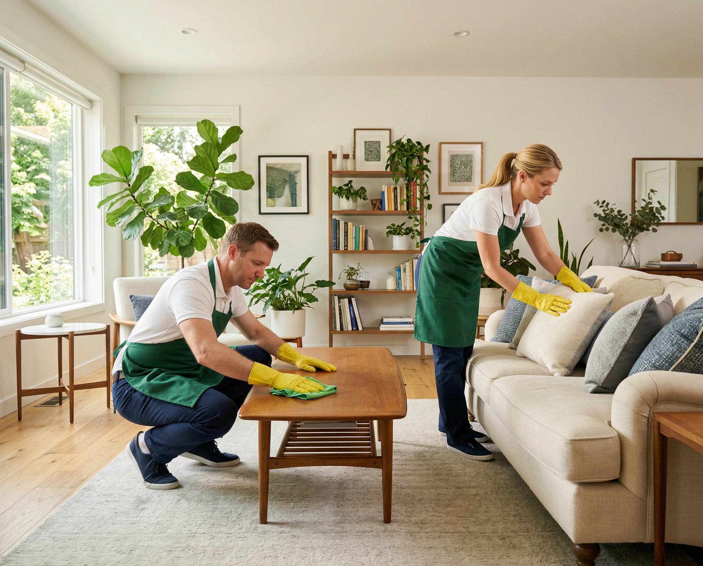 Two cleaners tidying a living room with plants and bookshelves.