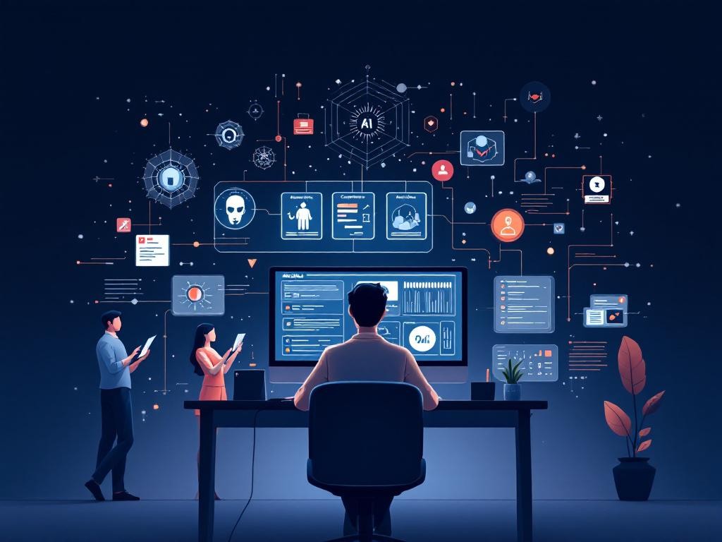 "Une personne utilisant un ordinateur pour créer du contenu avec l'aide de l'intelligence artificielle, dans un espace de travail moderne et créatif.