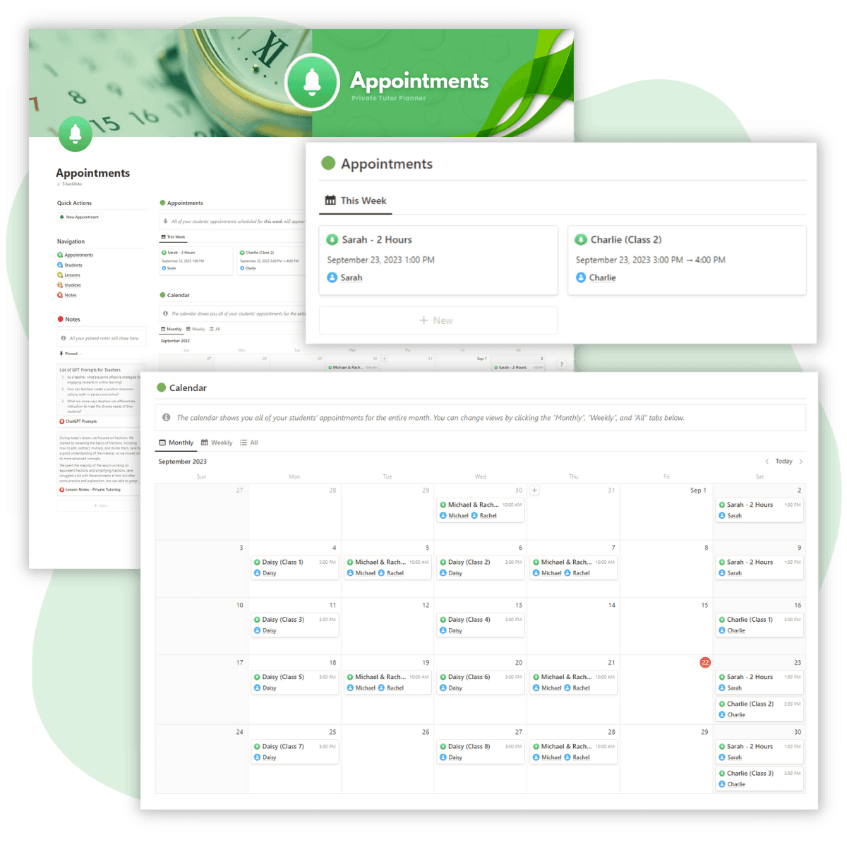 Private Tutor Planner Notion Template interface with green accent colors displaying the management of student appointments. The interface showcases features like viewing upcoming appointments, an integrated calendar for month-wise scheduling, and an appointment countdown on student pages, ensuring organized lesson planning and scheduling for private tutors.