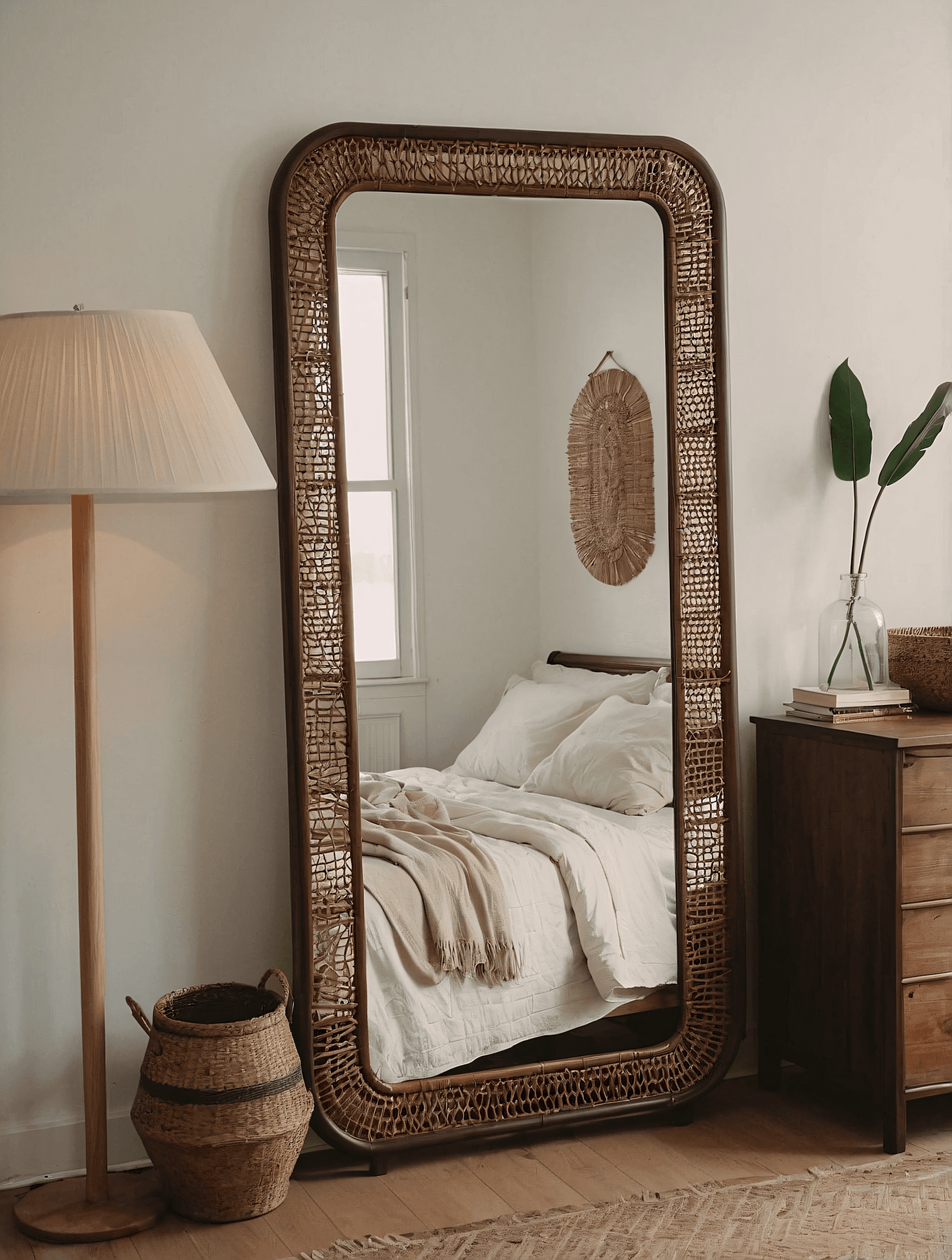 Bohemian bedroom with oversized rattan-framed floor mirror, woven basket planter, floor lamp, wooden dresser with plant, and neutral layered bedding