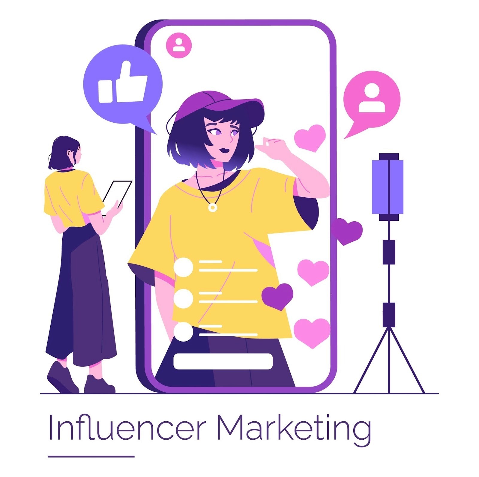 Influencer marketing illustration showing a female creator on a smartphone screen with likes and hearts while a brand manager reviews content on a tablet