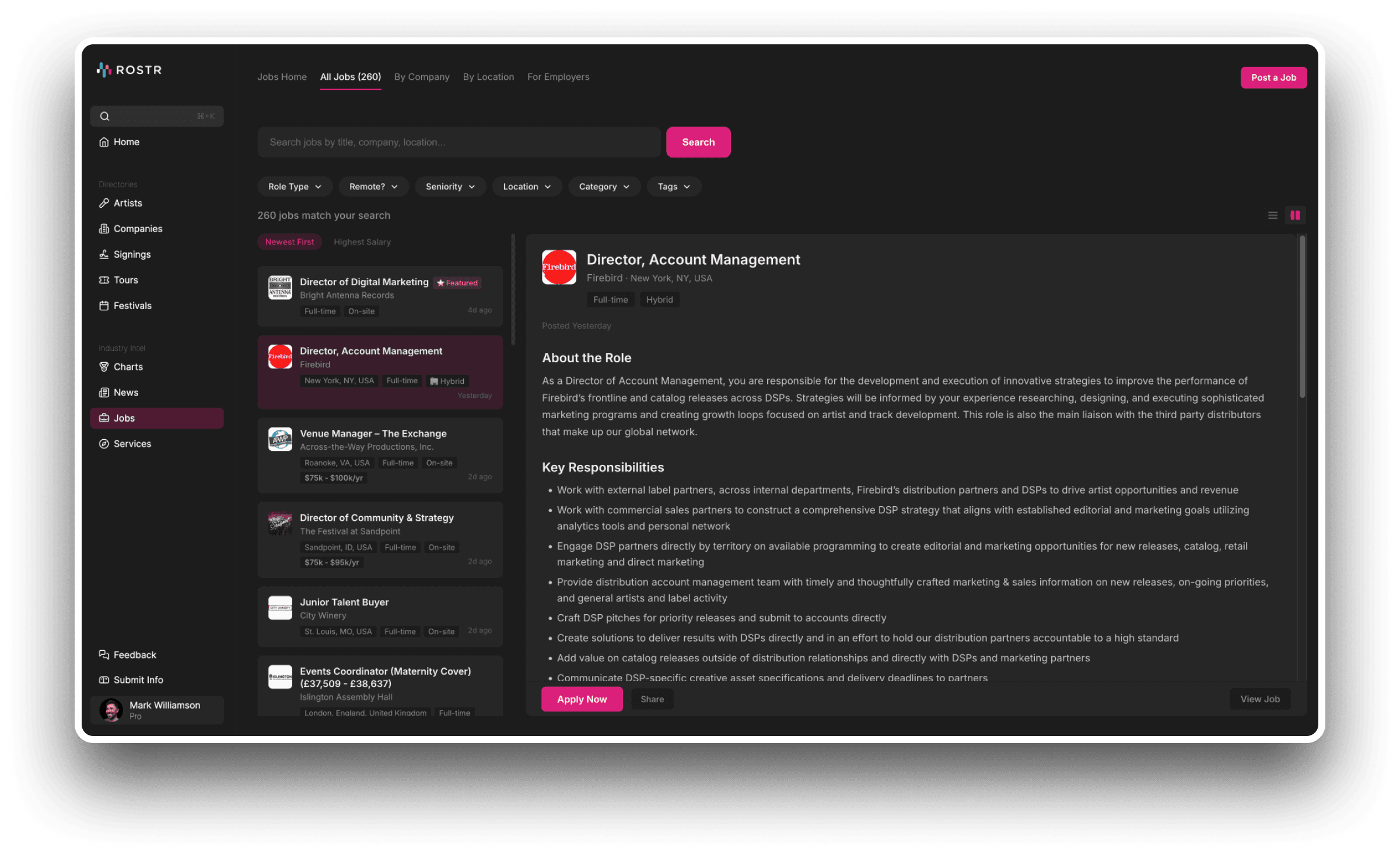 ROSTR Jobs board showing the music industry's leading job board with 260 open roles, split-view listings, and filters for role type, location, seniority, and category.