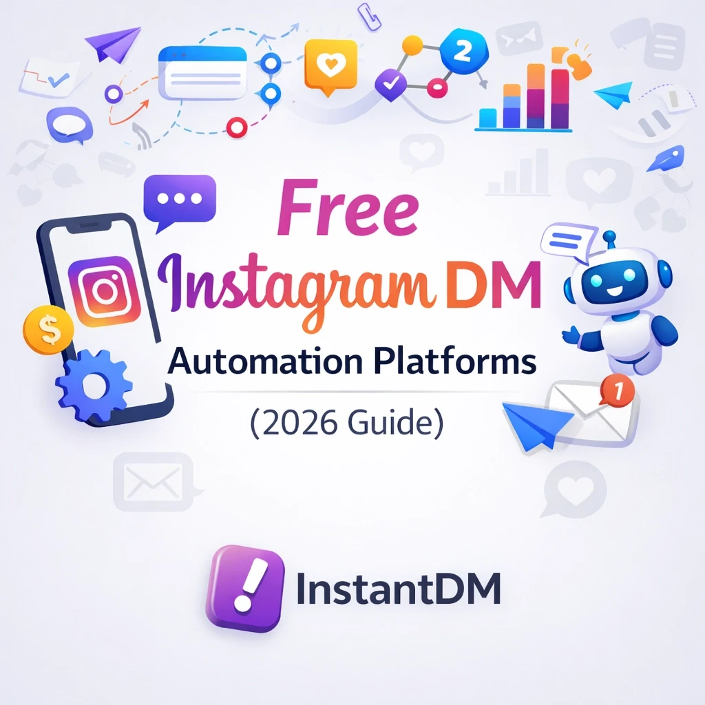 Light grey blog cover image showing “Free Instagram DM Automation Platforms (2026 Guide)” with creative DM automation icons, chat flows, and the InstantDM logo at the bottom.