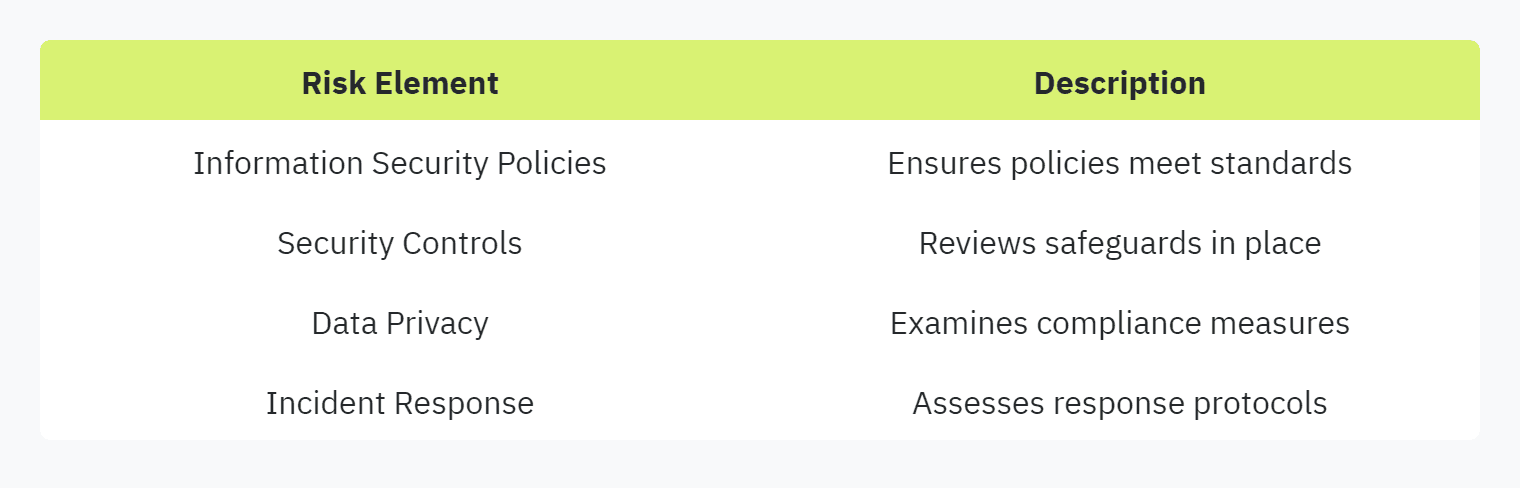 Table displaying: Risk Element, Description, Information Security Policies, Ensures policies meet standards, Security Controls, Reviews safeguards in place, Data Privacy, Examines compliance measures, Incident Response, Assesses response protocols