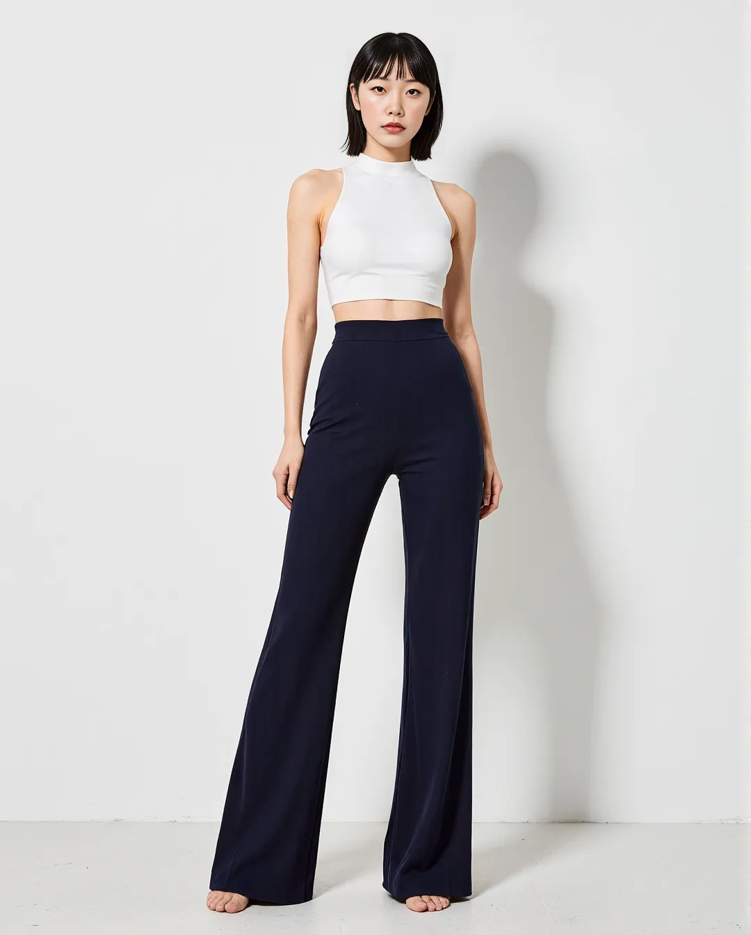 Minimalist fashion photography featuring white halter crop top and navy wide-leg pants against clean white background