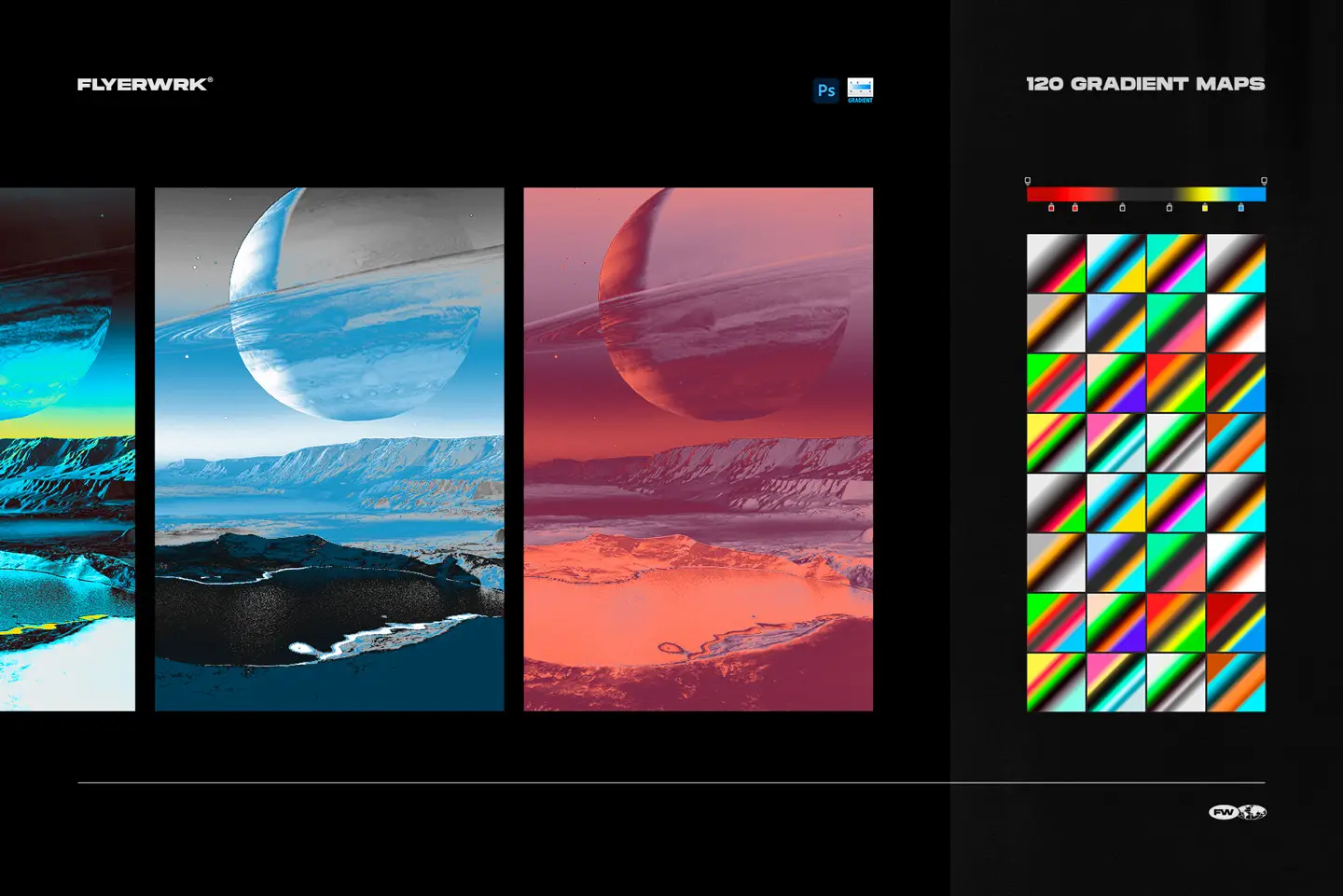 Grid display of 120 different gradient maps available for creative color grading in Photoshop CC