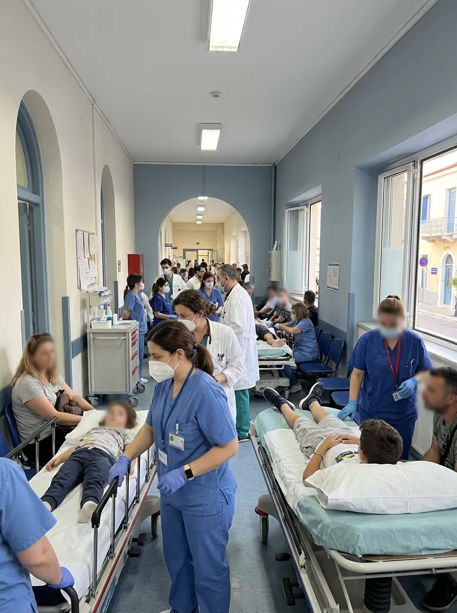 Busy hospital corridor during rising flu cases