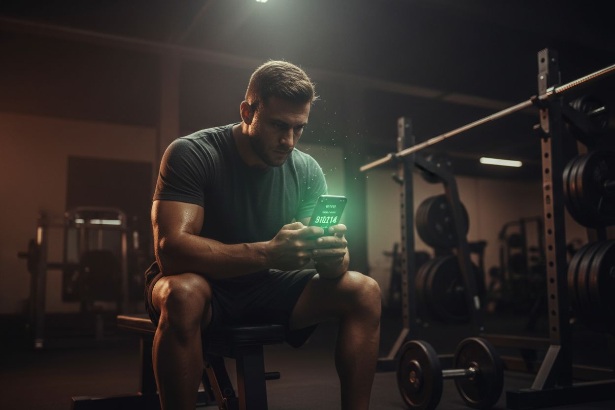 Person logging sets and reps on a phone at the gym