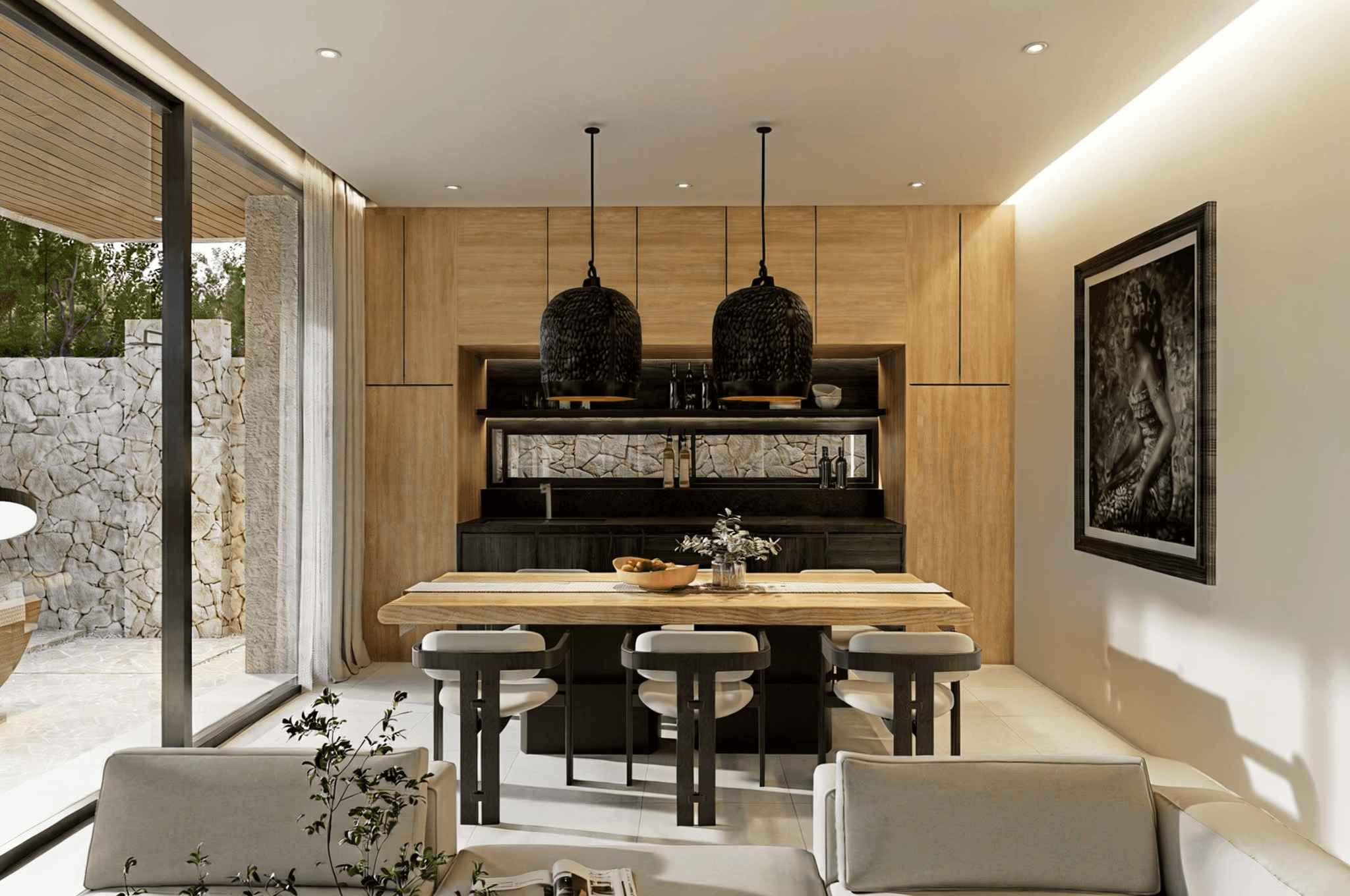 Modern dining area at Ungasan I with natural wood finishes and outdoor access, listed by Bali property agents.