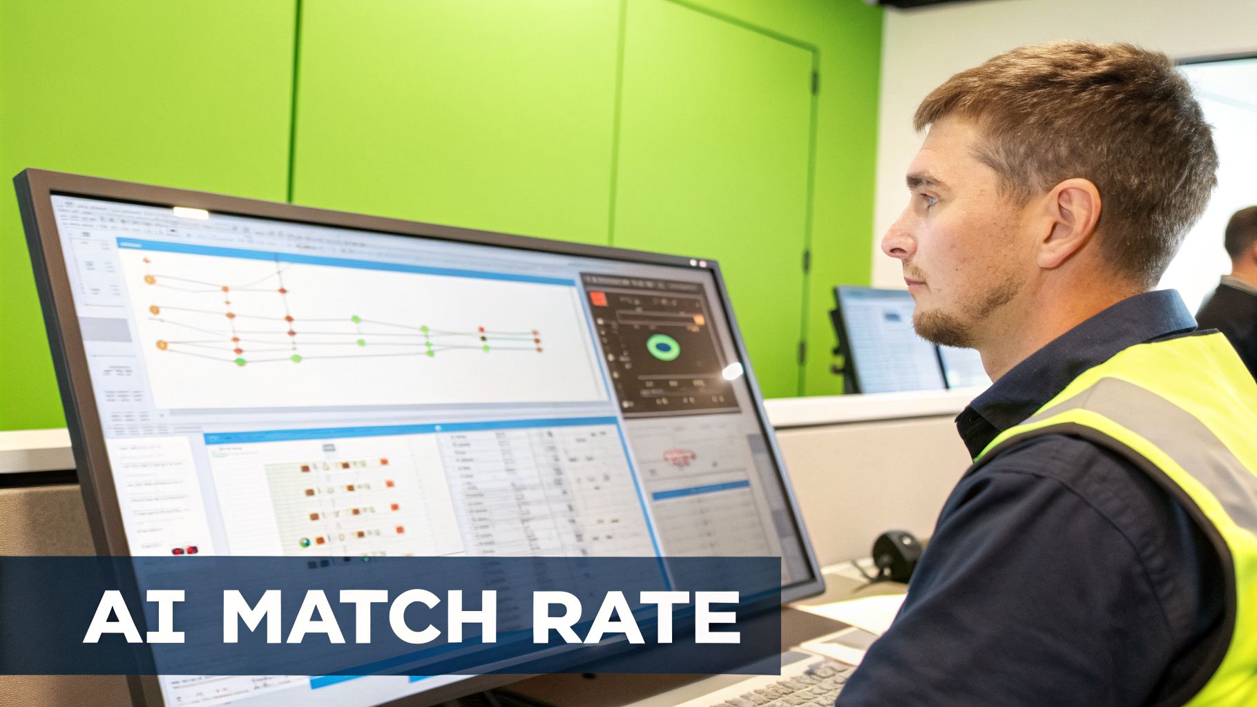 A man in a yellow vest analyzes complex data visualizations on a large computer screen, showing AI processes.