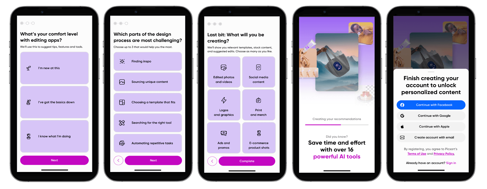 Five mobile screens showing a 3-question onboarding questionnaire, followed by a recommendations loading screen and a final screen encouraging users to sign-up to complete their account creation, with social logins taking priority.