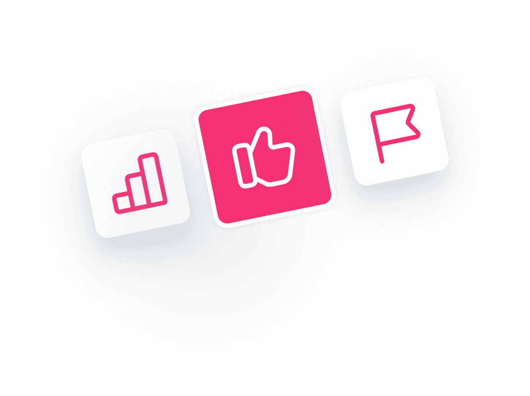 Social media icons with thumbs up, bar chart, and flag on gray background.