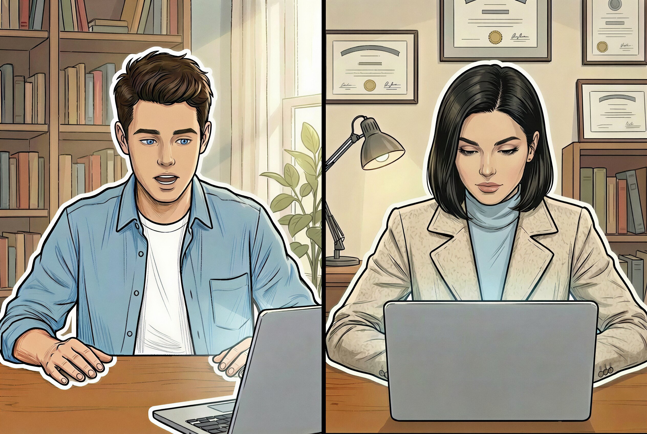 A split composition showing a young male student on the left speaking at a laptop and a female teacher on the right looking at her laptop in a home office with diplomas on the wall, sticker-style white borders around each character.