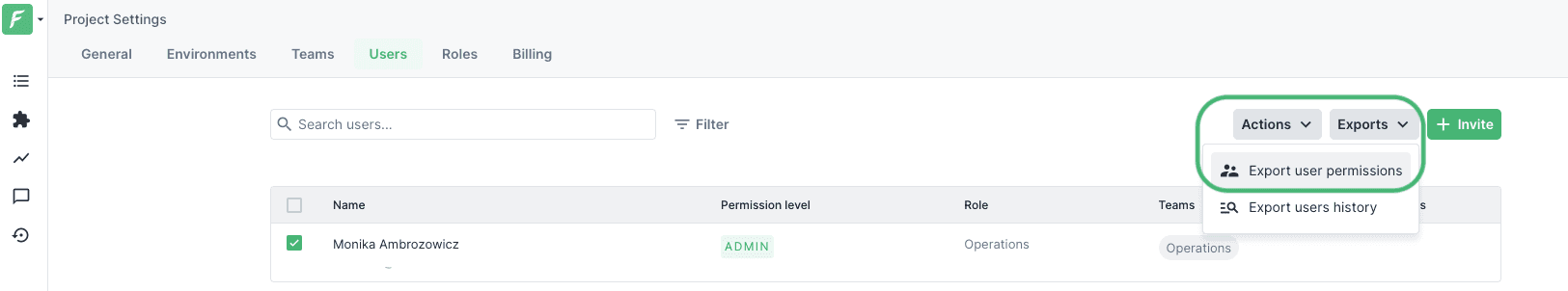 Users history export button in the project settings