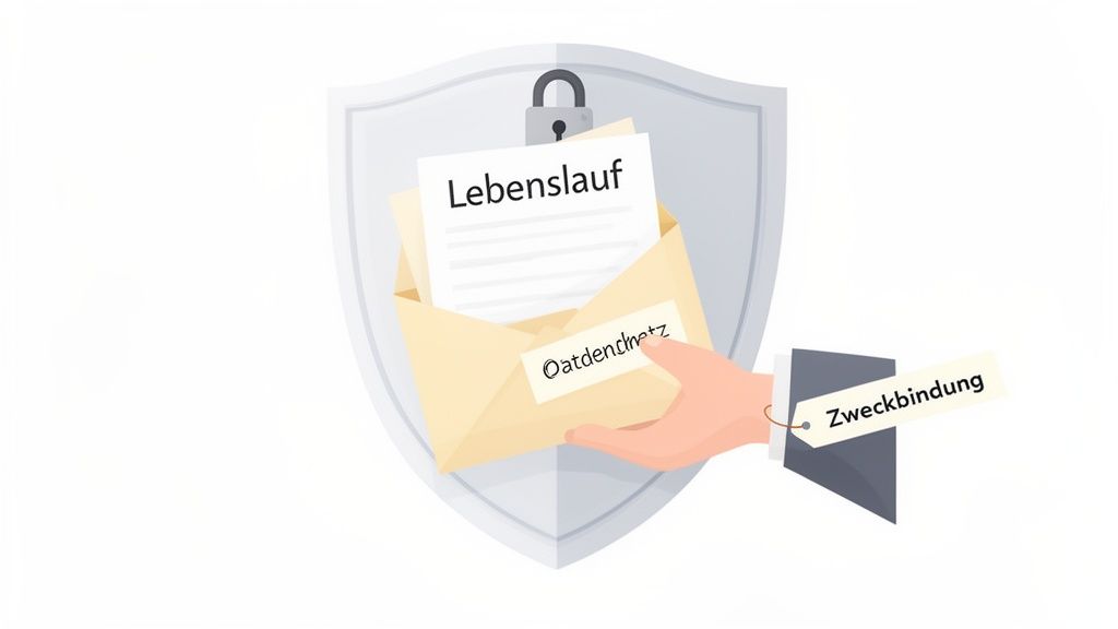 Ein Schild mit Schloss schützt einen Umschlag mit Lebenslauf und 'Datenschutz', während eine Hand ein 'Zweckbindung'-Etikett hält.