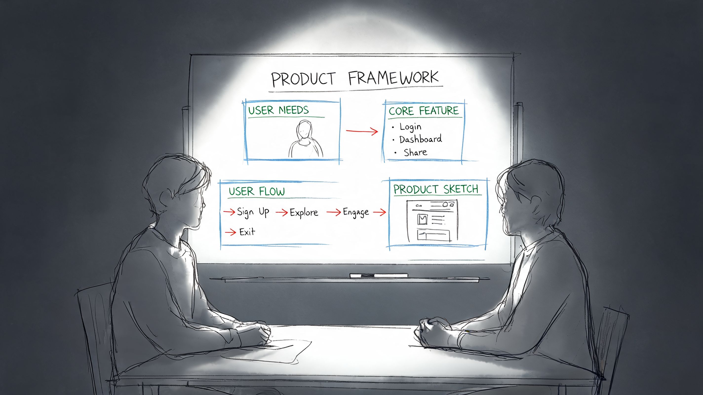Two people collaborating at a table in front of a whiteboard illustrating a product design framework concept.