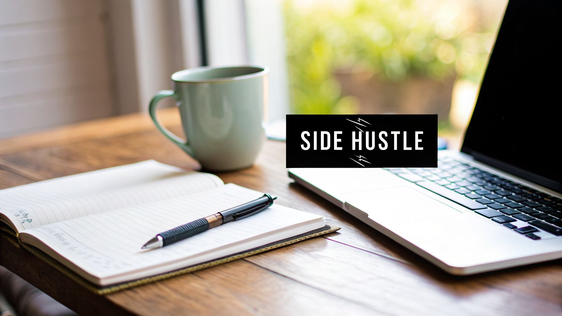 A black overlay with 'SIDE HUSTLE' text on a desk with a laptop, notebook, pen, and coffee mug.