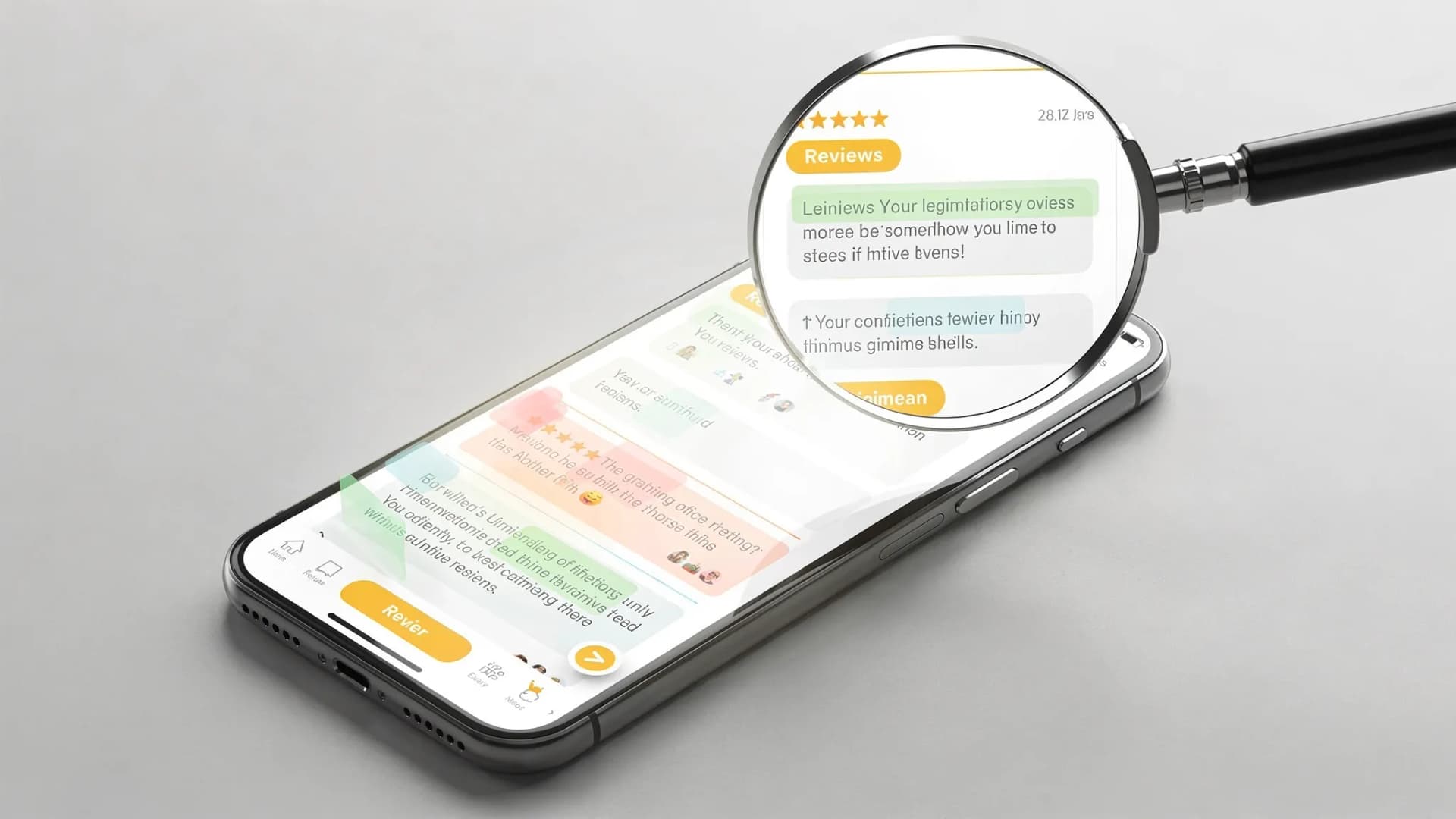 A magnifying glass hovering over a smartphone screen showing star ratings and written reviews, with a few reviews highlighted in different colors to represent real versus suspicious patterns.