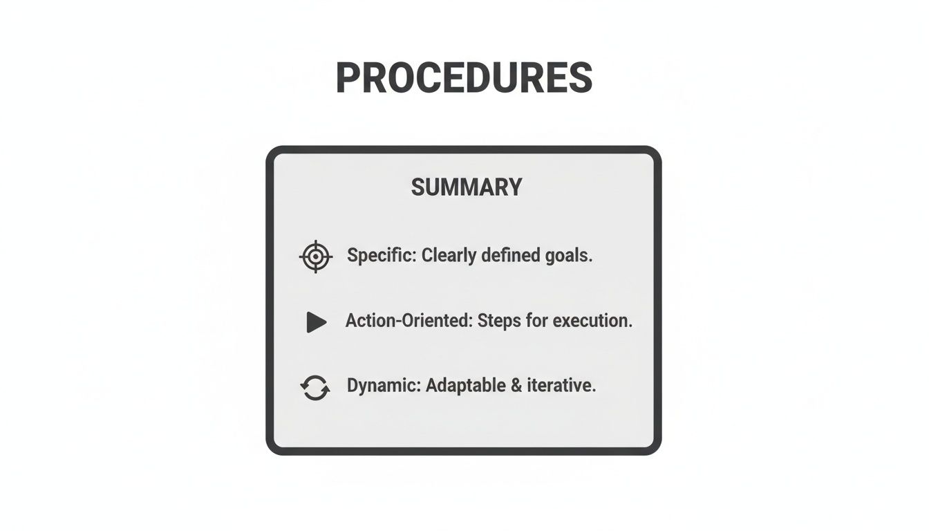 A summary box detailing procedures, focusing on specific goals, action-oriented steps, and dynamic adaptability.
