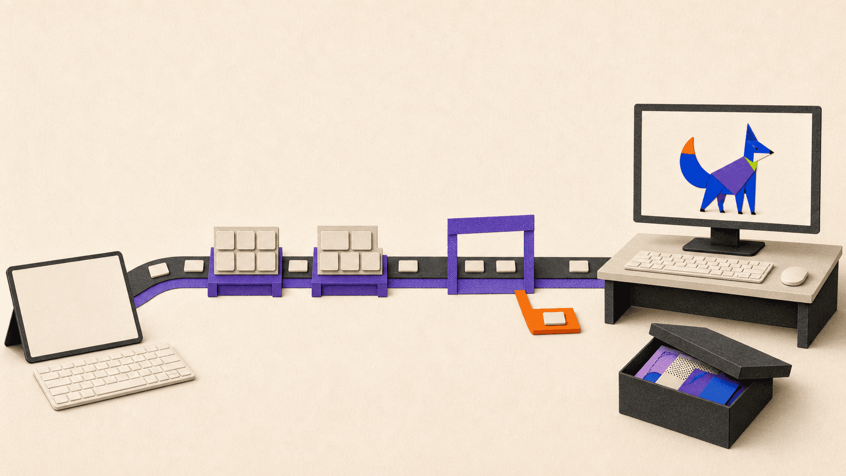 Keyboard input passing through layout and browser checkpoints to a remote workstation displaying a geometric fox project.