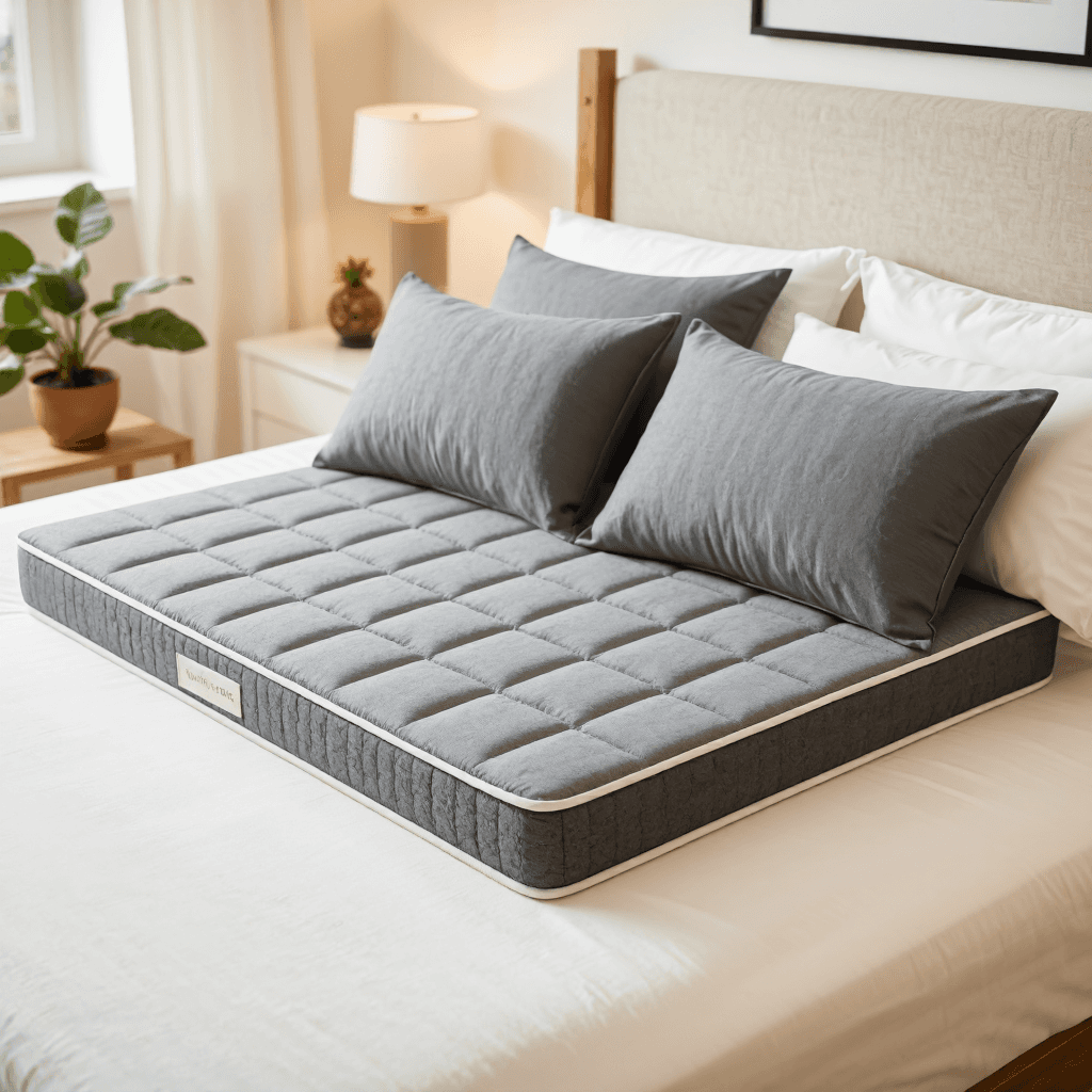 product photography of a mattress topper with two pillows, designed for comfort and support