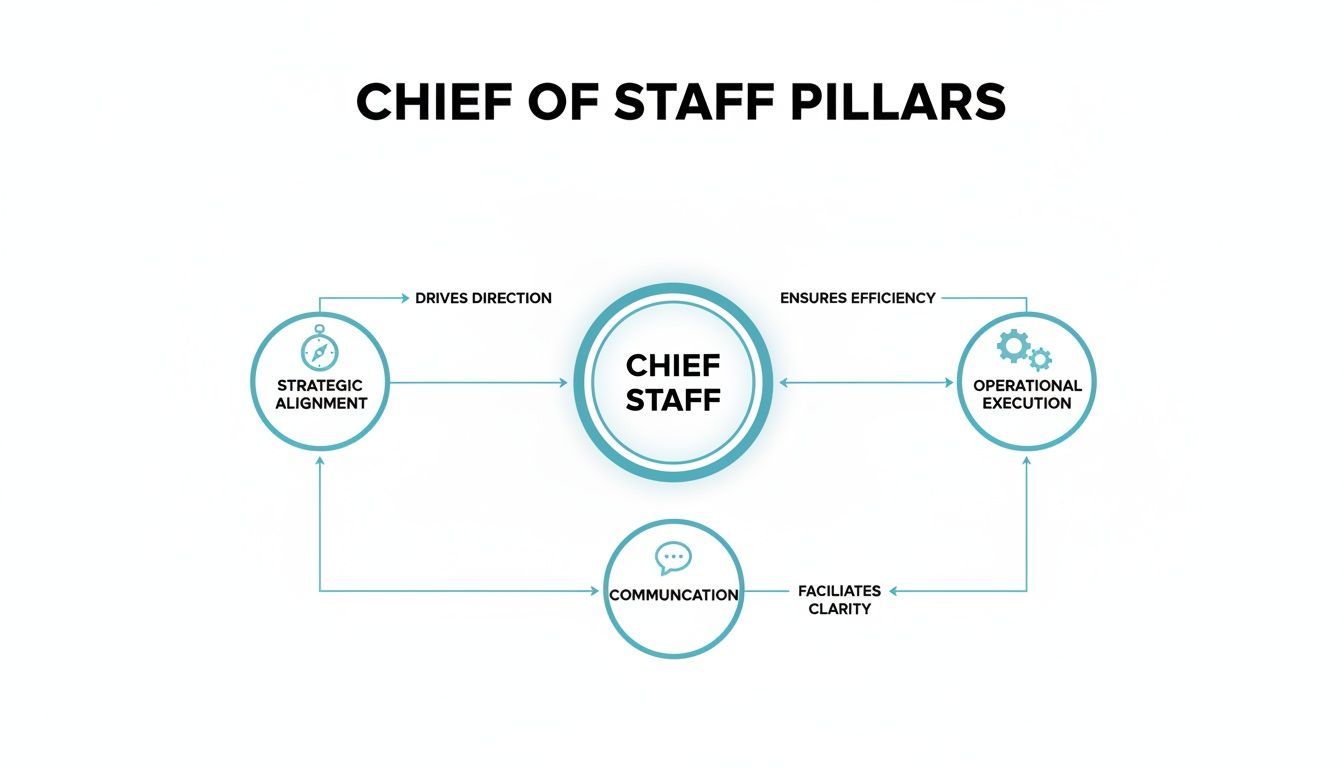 Diagram illustrating the core pillars of a Chief of Staff role: Strategic Alignment, Operational Execution, and Communication.