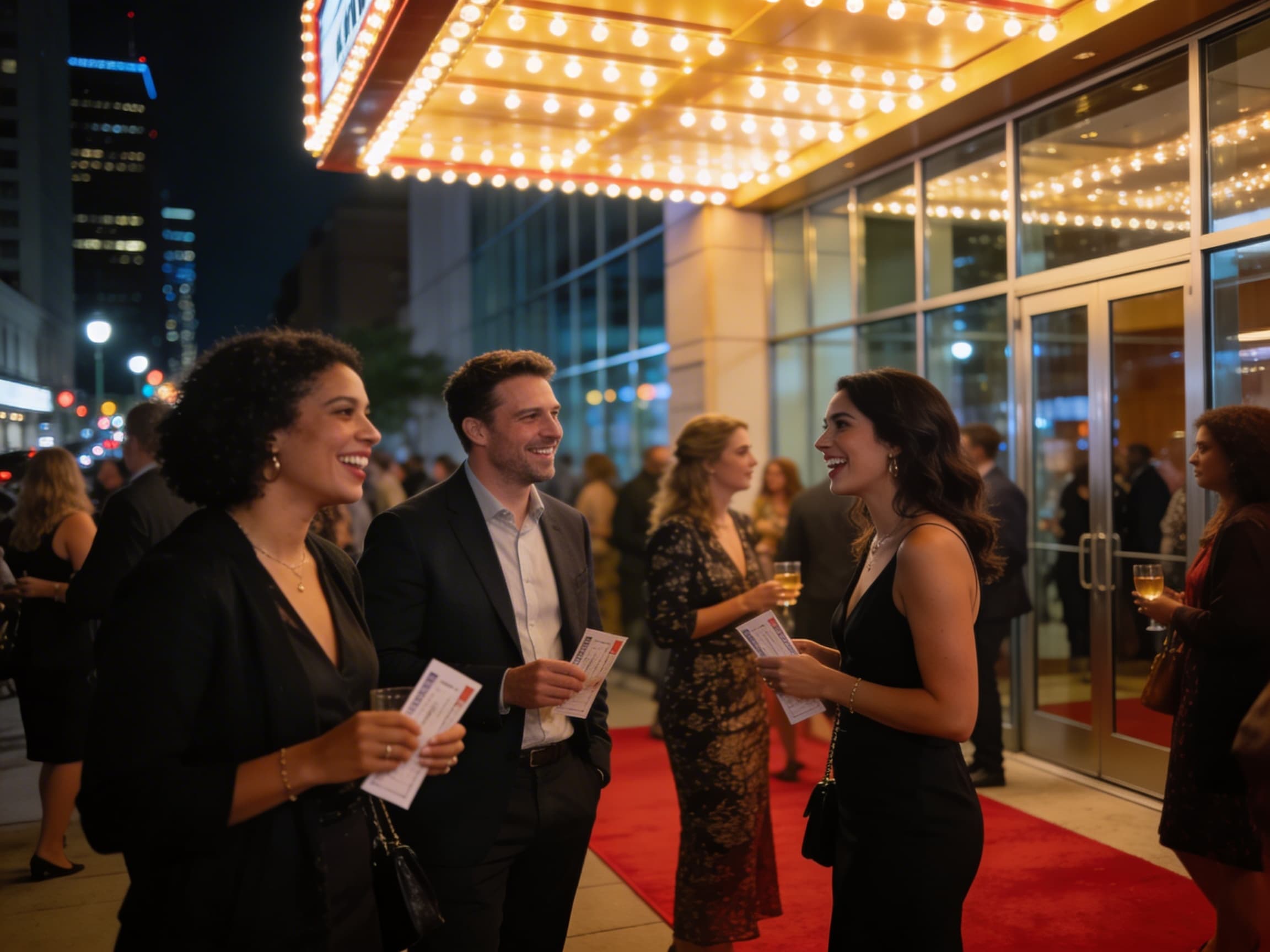 Guests arriving at a Houston film festival screening outside a lit theater at night