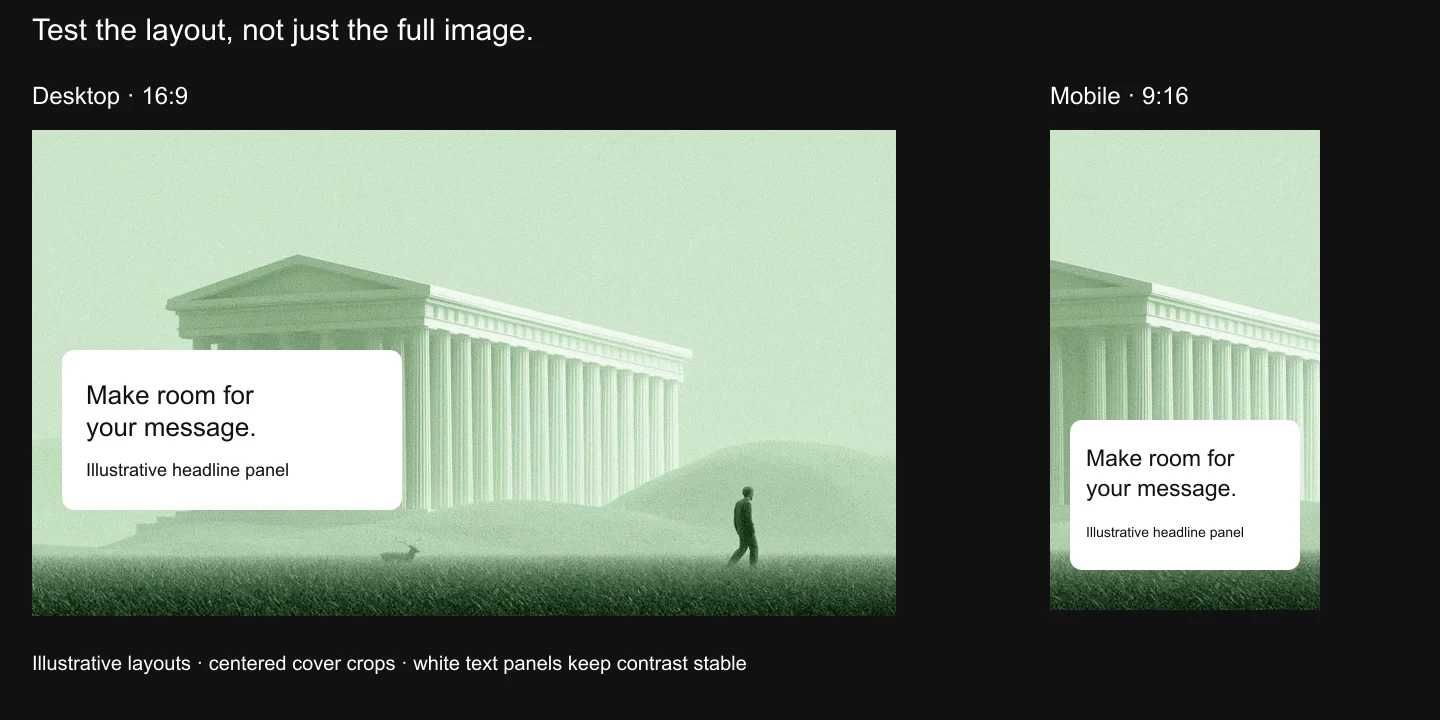 Desktop landscape and mobile portrait cover crops of the same architectural scene with solid white headline panels. The mobile crop loses much of the wide building.