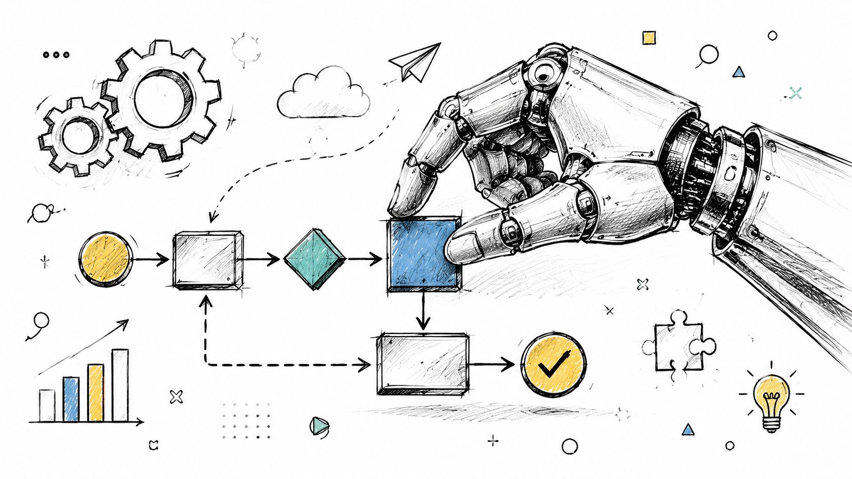 A robotic hand interacting with a drawn flowchart representing an automated artificial intelligence agent workflow process.